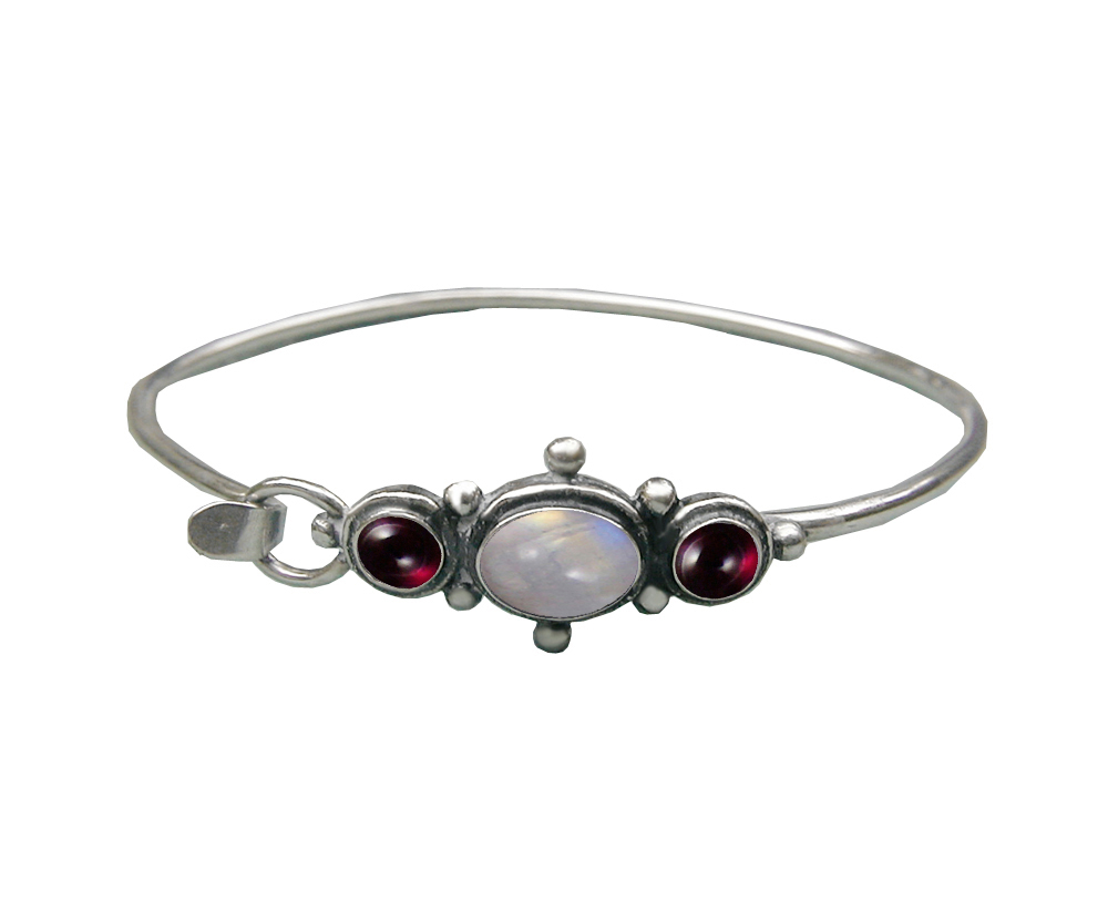 Sterling Silver Strap Latch Spring Hook Bangle Bracelet Rainbow Moonstone And Garnet